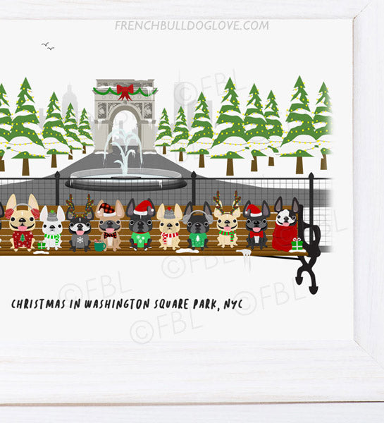 Christmas in Washington Square Park NYC - French Bulldog Holiday Dog Print 8x10
